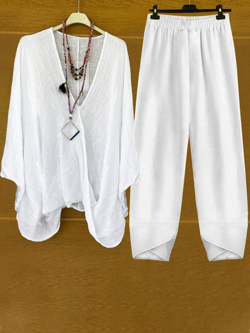 Casual Cotton Two-Piece Set: Open-Front Top & Elastic Waist Pants