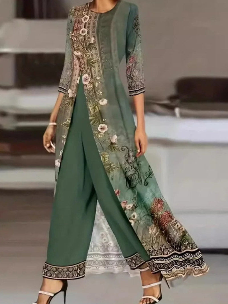 Vintage Floral Print Layered Long Top & Wide-Leg Pants Set for Women