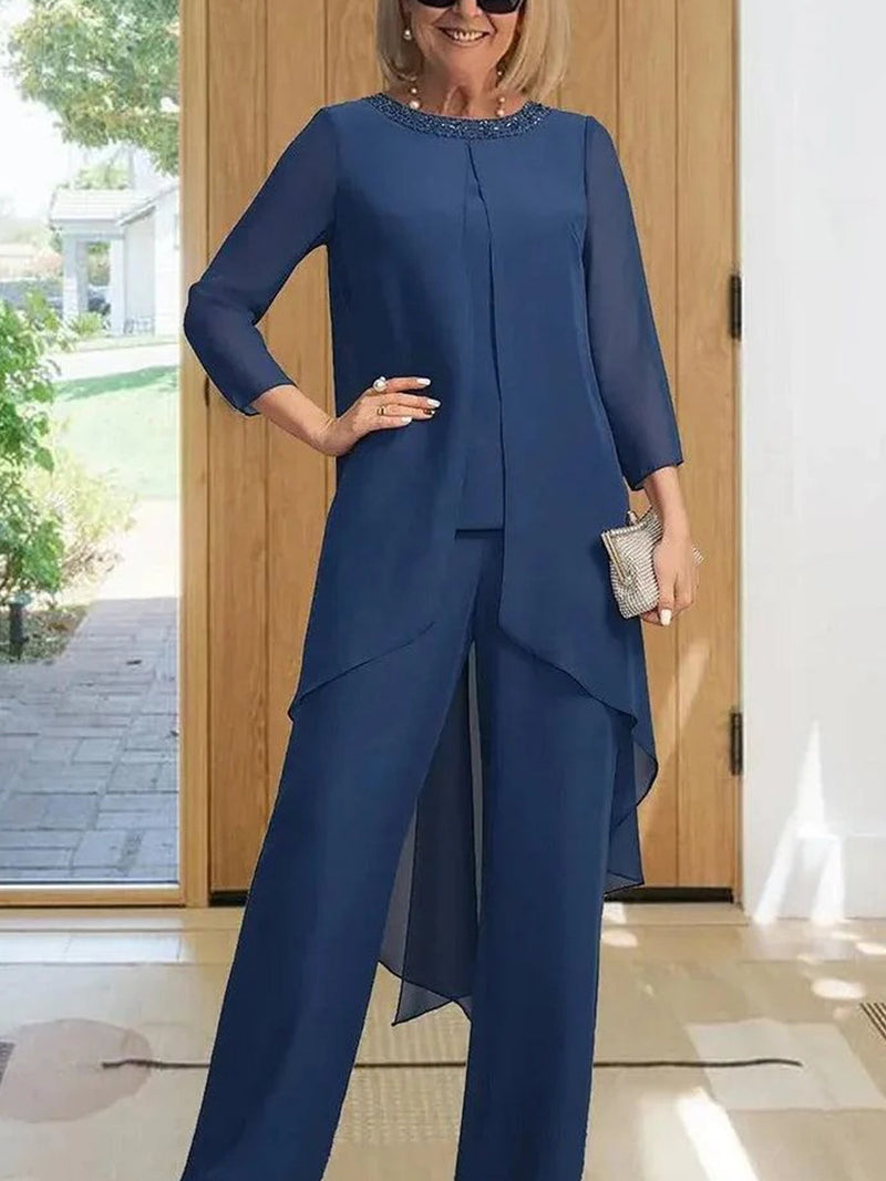 Casual Blue Plain Round Neck Long Sleeve Two Piece Set