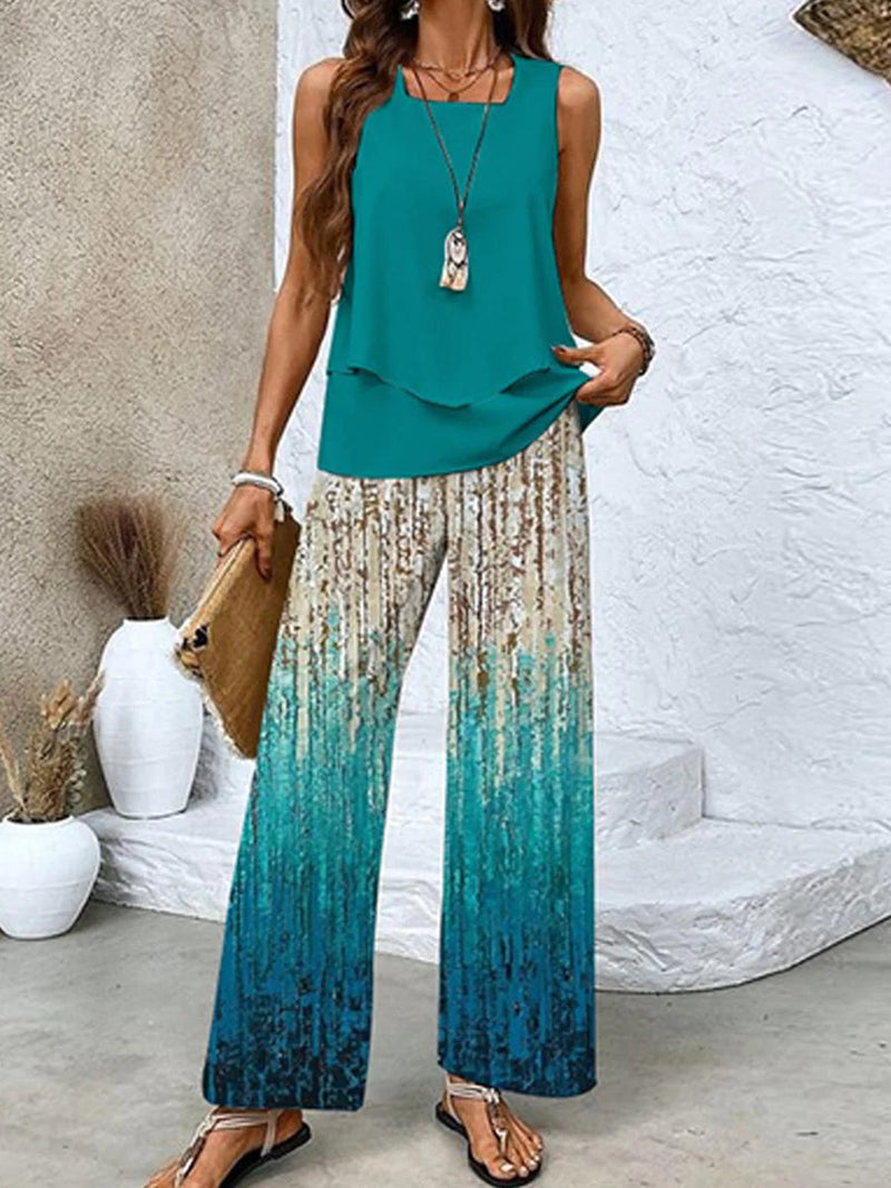 Stylish Blue Square Neck Sleeveless Two Piece Set