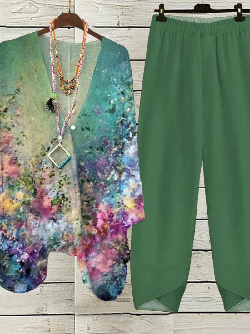 Green Floral Print V-Neck Long Sleeve Two Piece Set