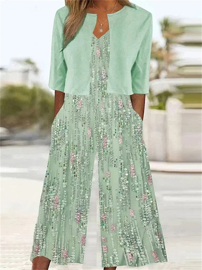 Fresh Green Floral Print Short Sleeve Two Piece Set