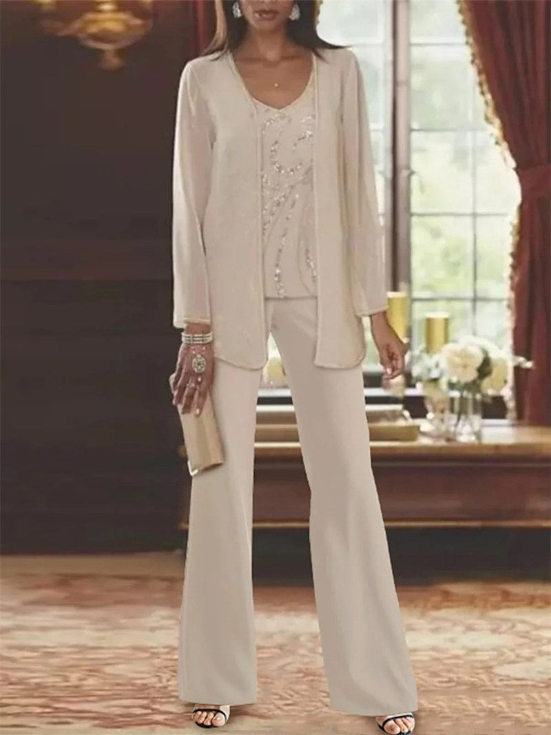 Elegant Loose V Neck Long Sleeve Apricot Chiffon Outfit