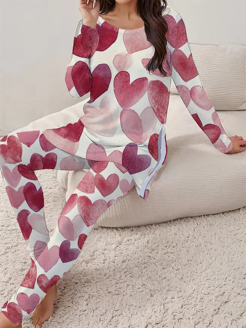 Casual Simple Heart Print Crew Neck Long Sleeve Two Piece Set