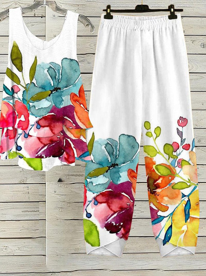 Vibrant Floral Print Sleeveless Two Piece Set