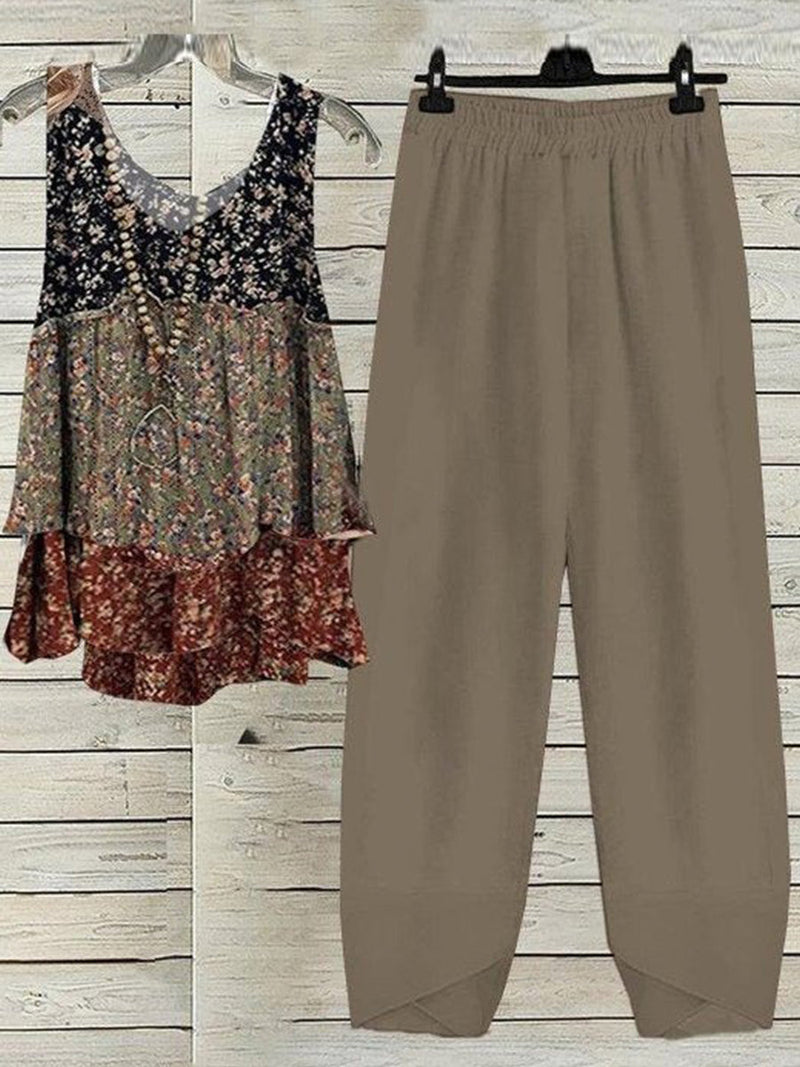 Vintage Crew Neck Disty Floral Loose Sleeveless Two-Piece Set