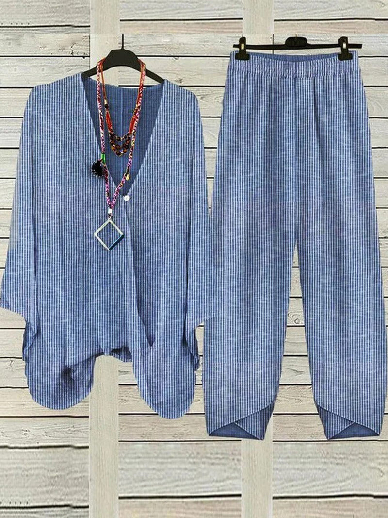 Casual Blue Striped V Neck Long Sleeve Loose Two-Piece Set