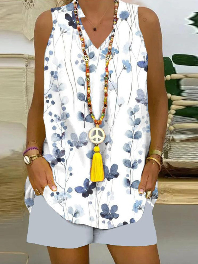 Chic Floral Print Sleeveless V-neck Two-Piece Set