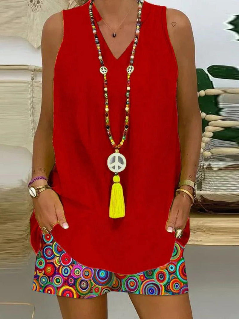Casual Solid Red Sleeveless V-neck Two Piece Set