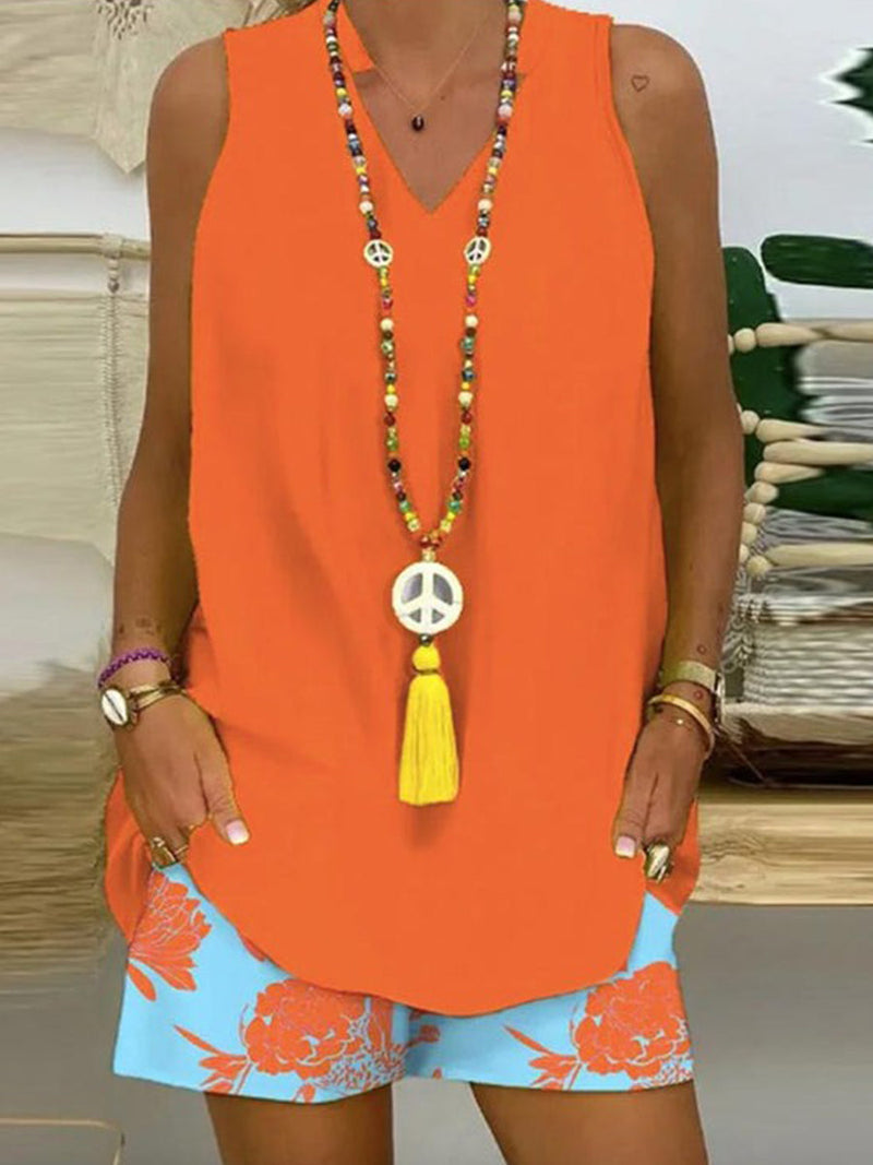 Vibrant Orange Sleeveless Print Two Piece Set