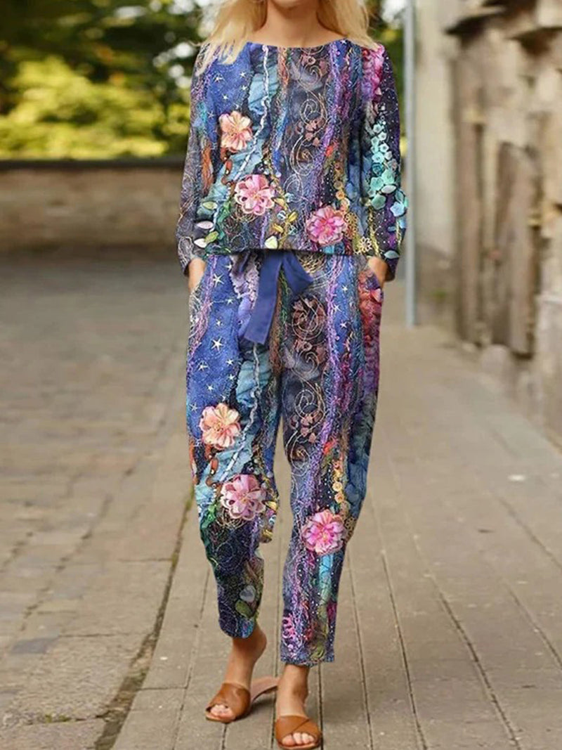 Casual Purple Floral Two-Piece Suit