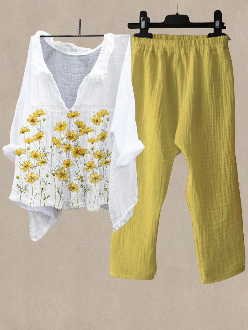 Casual Simple Yellow V Neck Floral Printed Daily Two Piece Suit