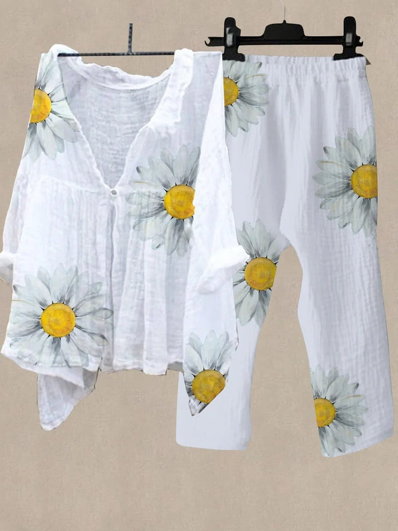 Casual Simple White V Neck Sunflower Printed Daily Two Piece Suit