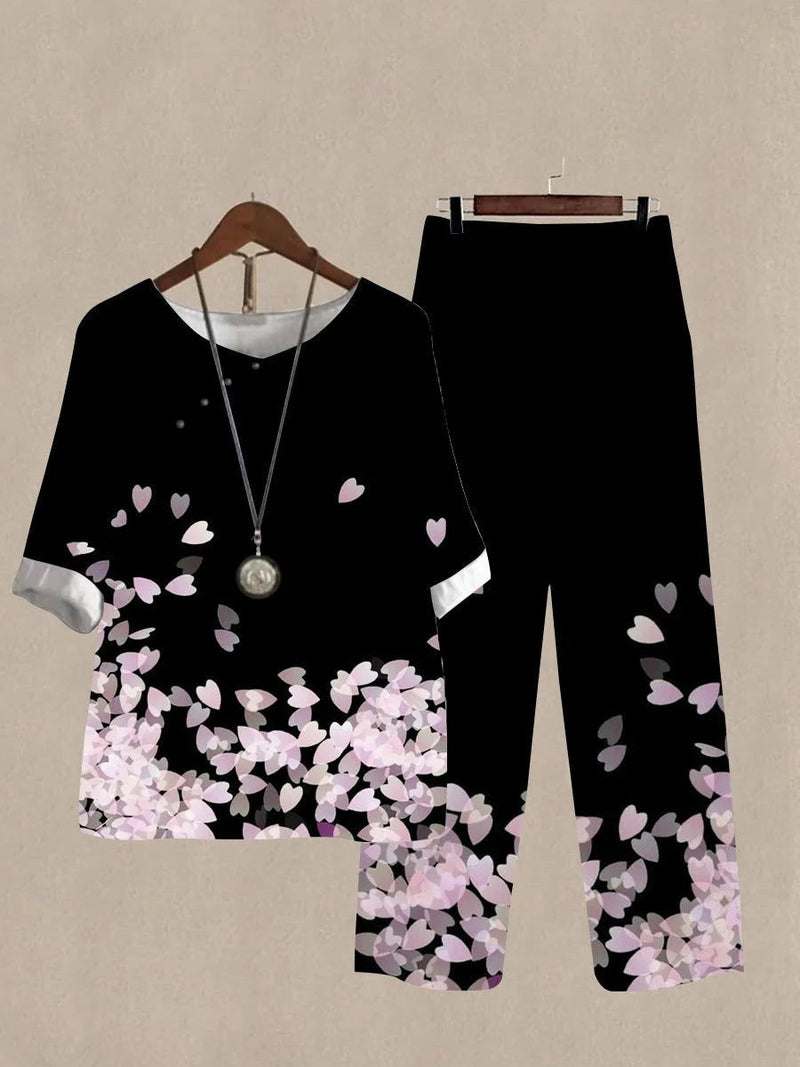 Elegant Black Round Neck Printed Daily Two Piece Suit