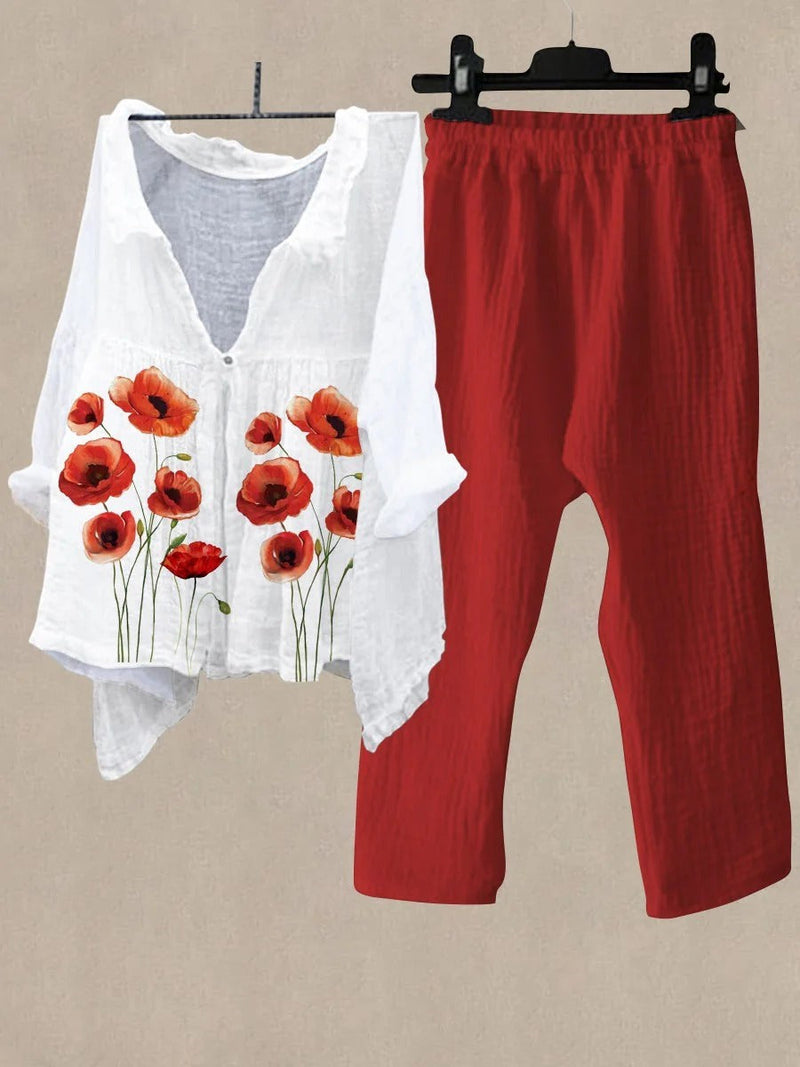 Casual Red V Neck Floral Printed Daily Two Piece Suit