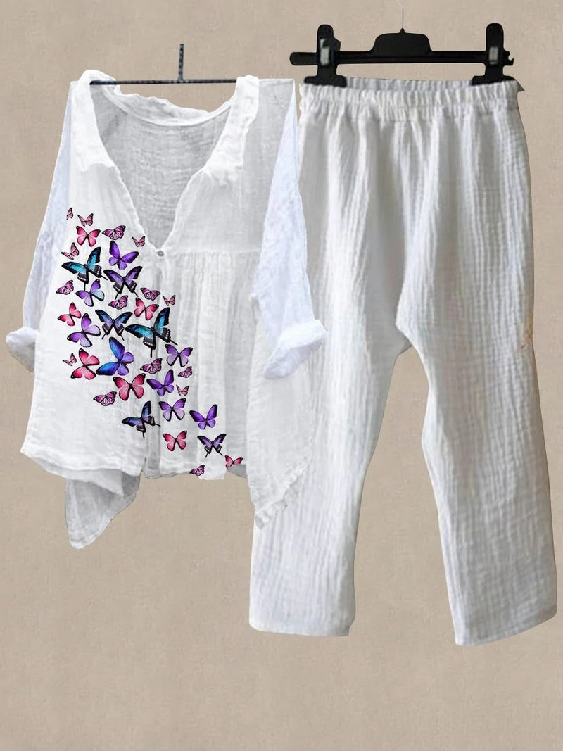 White Butterfly Printed Casual V Neck Daily Two Piece Suit