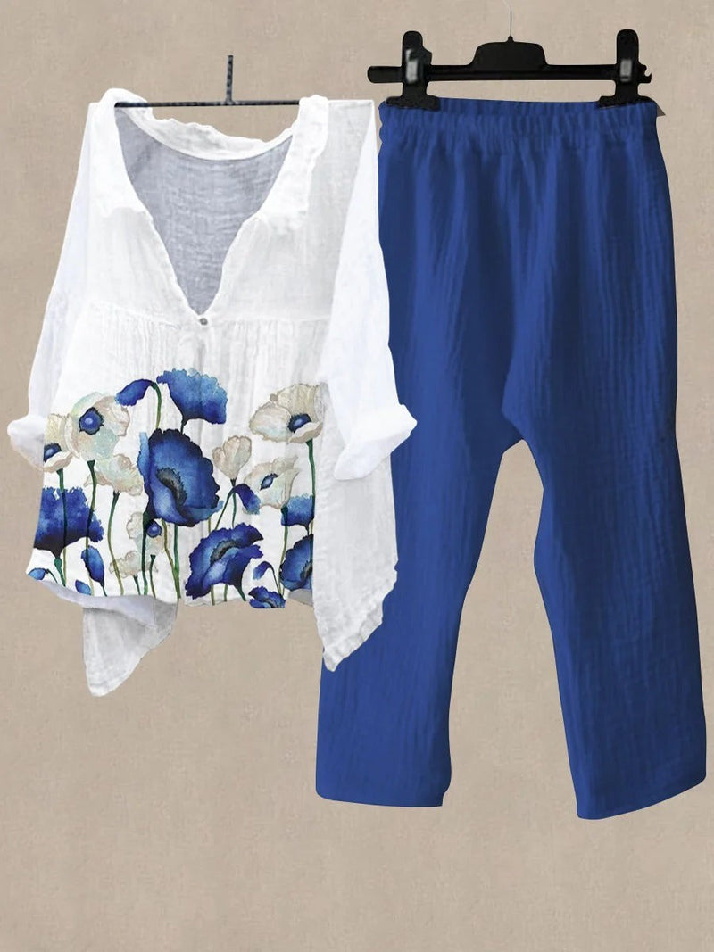Blue Floral Printed V Neck Daily Two Piece Suit