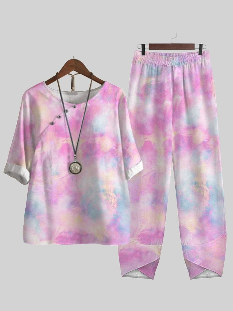 Dreamy Pink Tie Dye Printed Round Neck Half Sleeve Two Piece Suit