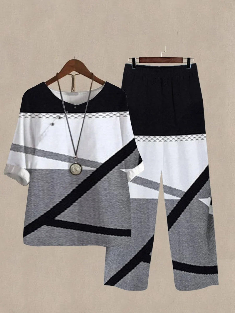 Grey Simple Round Neck Color Block Printed Daily Two Piece Suit