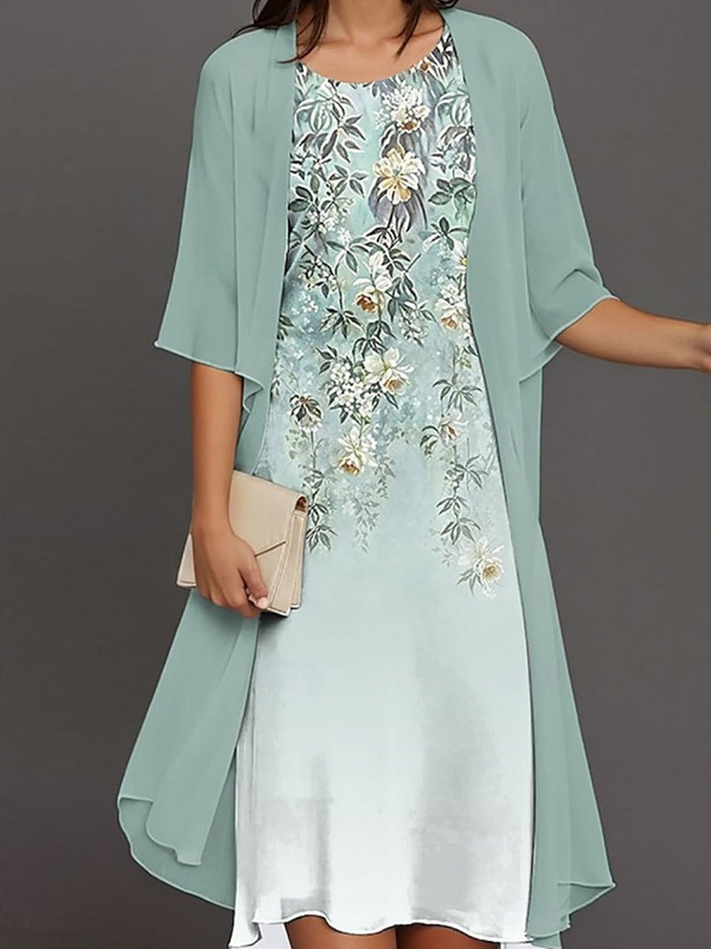 Elegant Half Sleeve Crew Neck Green Floral Print Dress