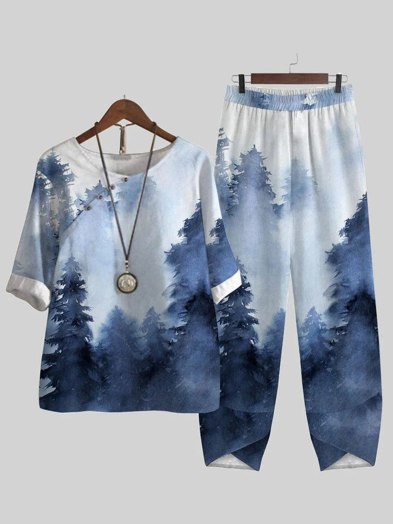 Casual Blue Round Neck Forest Printed Half Sleeve Two Piece Suit