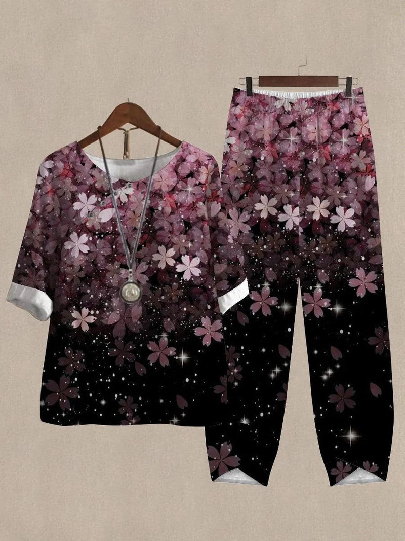 Women's Casual Round Neck Floral Printed Two Piece Suit