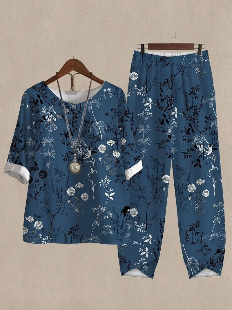 Casual Round Neck Navy Printed Half Sleeve Two Piece Suit