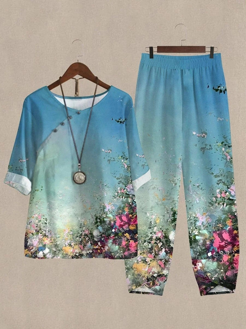 Blue Casual Round Neck Floral Daily Two Piece Suit