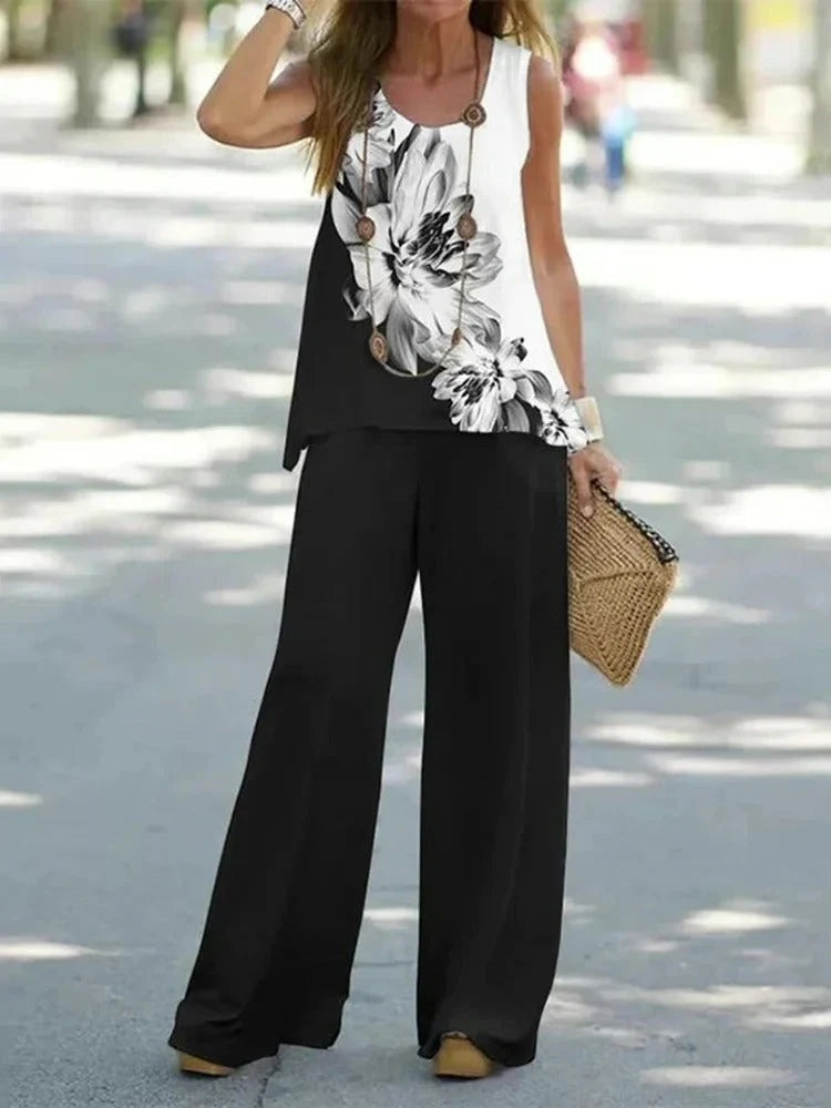 Classic Black Round Neck Floral Printed Sleeveless Two Piece Sets