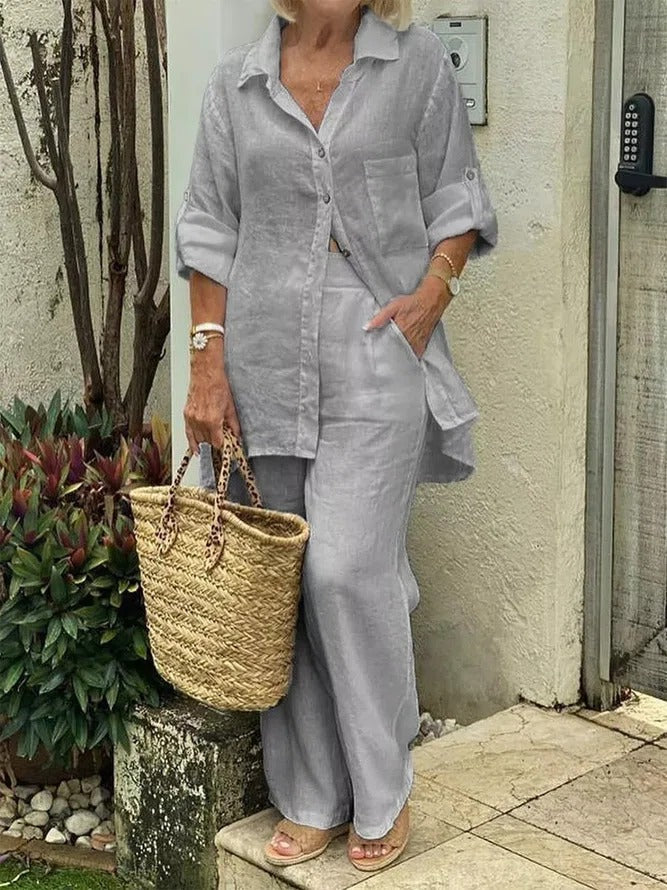 Gray Casual 3/4 Sleeves Two Piece Suit