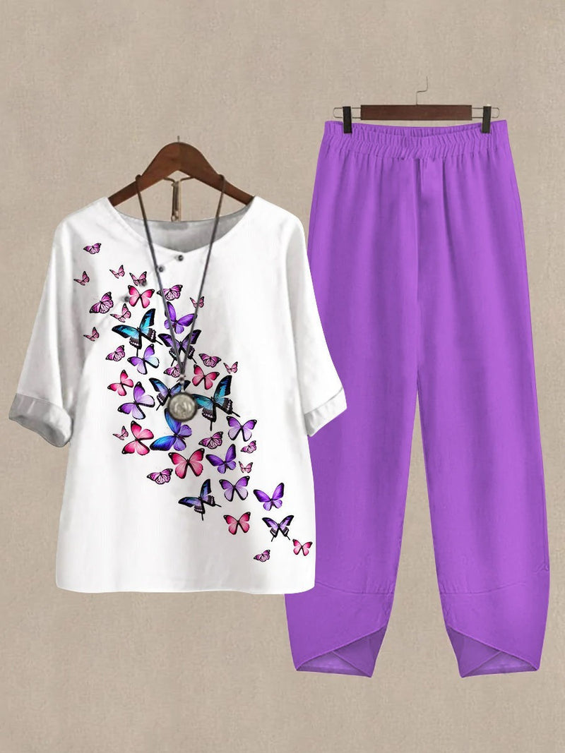 Trendy Purple Round Neck Butterfly Printed Half Sleeve Two Piece Sets