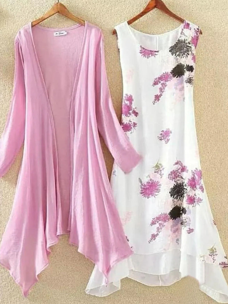 Chic Pink Floral Print Midi Dress With Outerwear