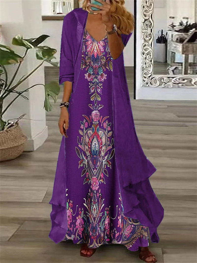 Classy Purple Long Sleeve V-neck Printed Two Pieces Maxi Dress