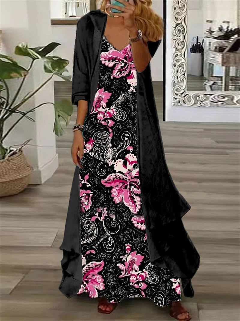 Clasic Black Long Sleeve V-neck Printed Two Pieces Maxi Dress