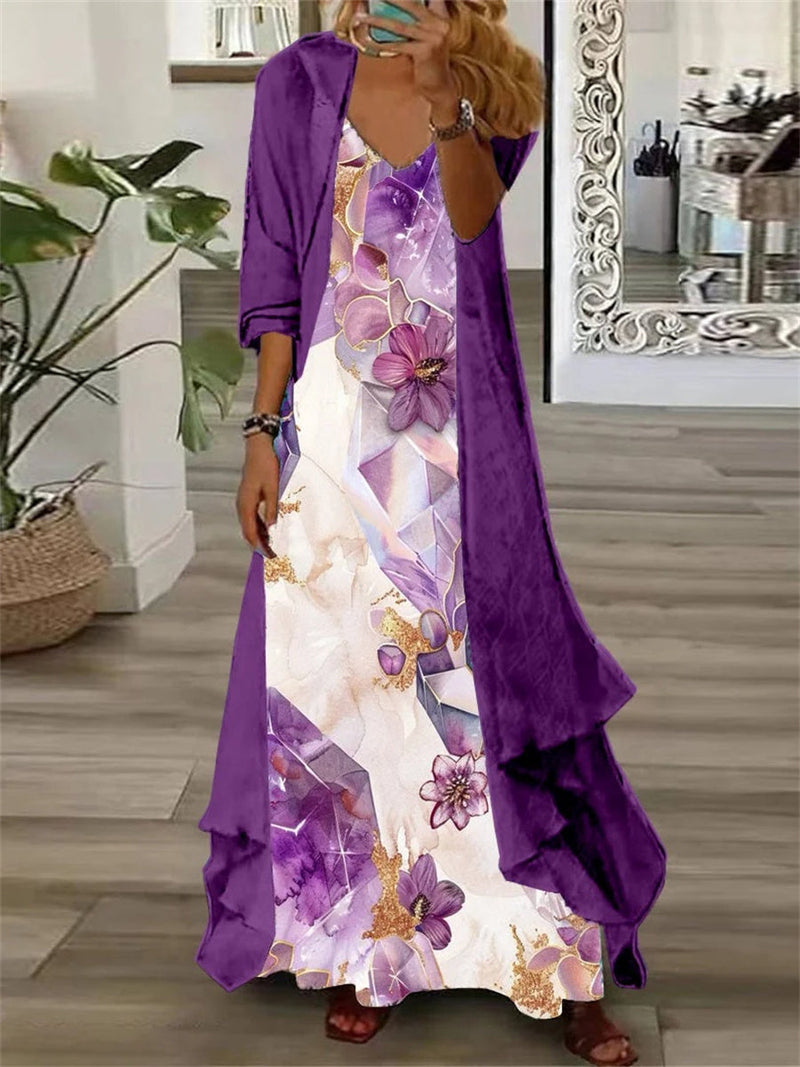 Women's Long Sleeve V-neck Printed Two Pieces Maxi Dress