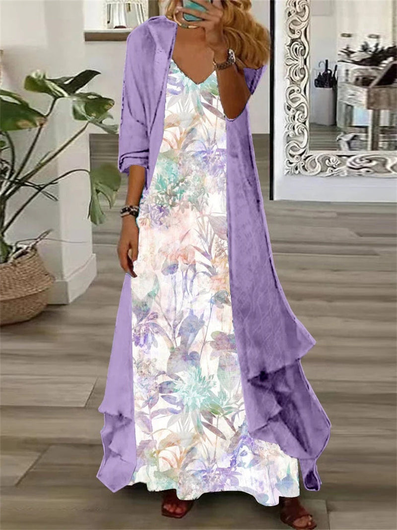 Purple Long Sleeve V-neck Printed Two Pieces Maxi Dress