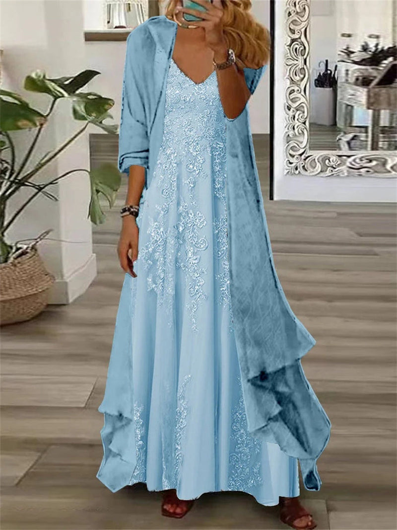 Classy Blue Long Sleeve V-neck Floral Printed Two Pieces Maxi Dress