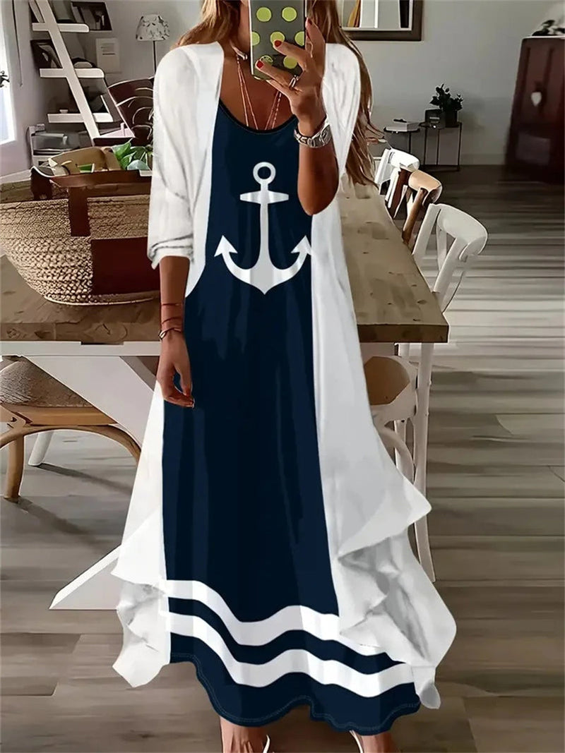 Casual Long Sleeve U-neck Graphic Printed Two Pieces Maxi Dress