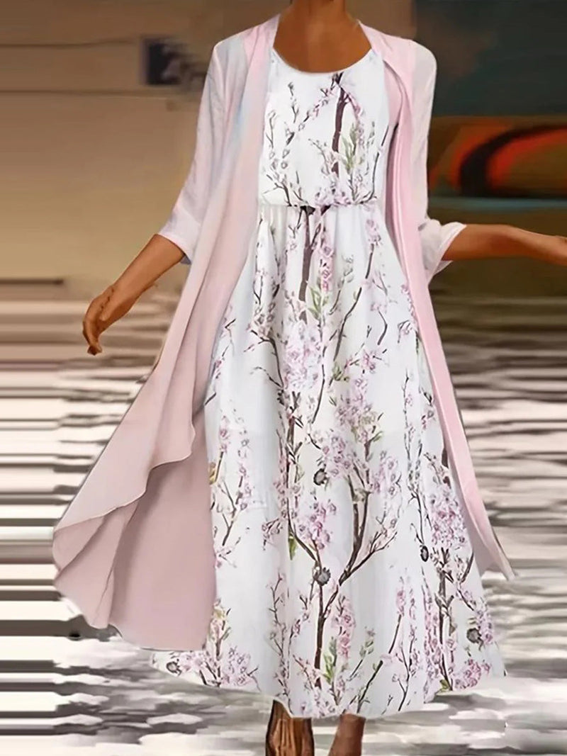 Sweet Pink Print Round Neck 3/4 Sleeve Maxi Dress With Outerwear