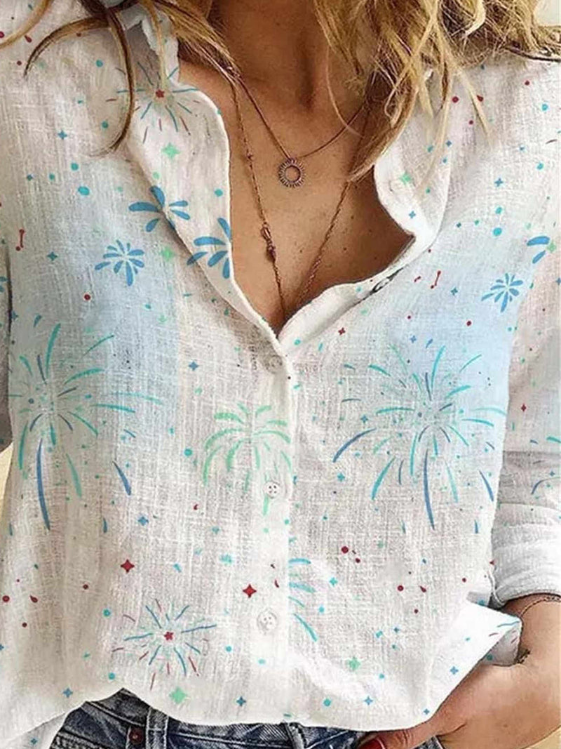White Firework Print Collared Long Sleeve Shirt